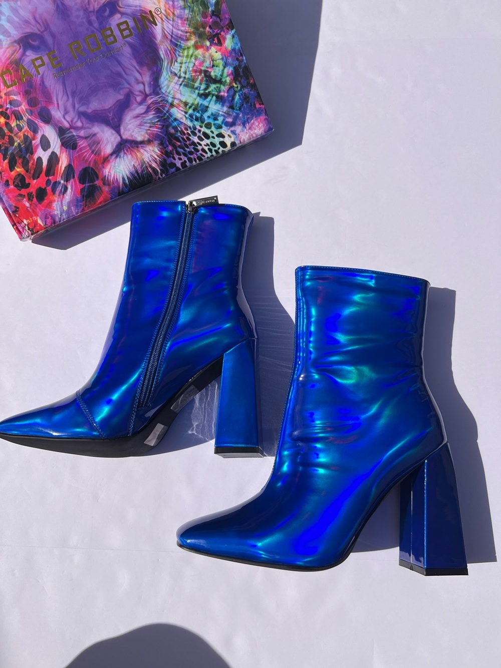 Holographic Gogo Boots - Iridescent Blue Chunky Heel - Metallic Ankle Booties